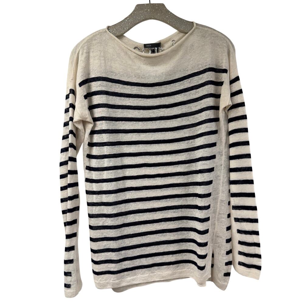 Vince Knit Top White Striped 109% Linen Long Sleeve Small